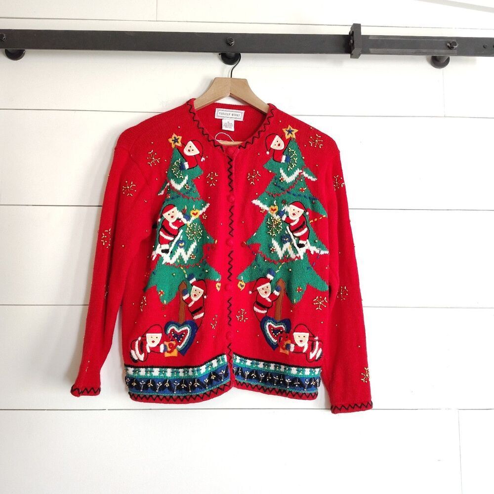 Vtg Parisian Works Christmas Cardigan Santa Christmas Tree Beaded Embellished M